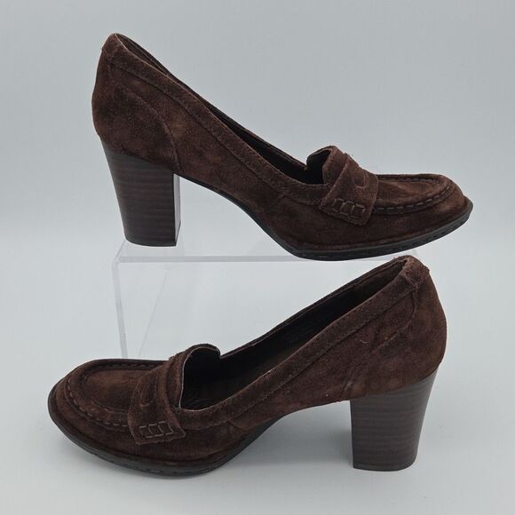Born Brown Suede Comfort Penny Loafers Womens Chunky Heels Size 7 CKF10 - Picture 2 of 8